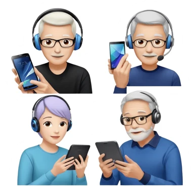 Please make it again in the style you just sent me. All devices should be Galaxy.
1. MZ users using headsets and watching youtube
2. A person holding a tablet in one hand and a smartphone in the other
3. Senior who enjoys looking at his cell phone
4. Creators working hard with Galaxy Tab + keyboard  sticker