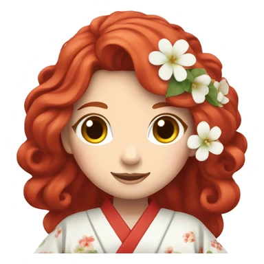 Long wavy Red hair woman, wearing a red kimono white flowers sticker