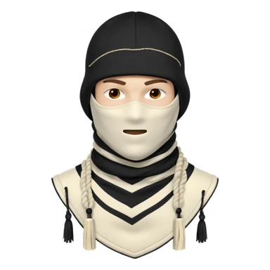 Deconstructed off-white balaclava with frayed layers, rope tassels, subtle embroidery. Studio photo, white bg, soft light. Streetwear luxury style.
 sticker