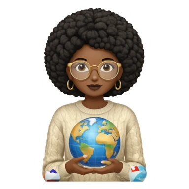 a young woman wearing gold round glasses and black afro hair, she has medium-dark skin, she's wearing a sweater and she's holding a globe in her hand sticker