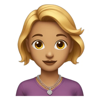 Straight haired girl with a necklace with a tag “aashna” sticker