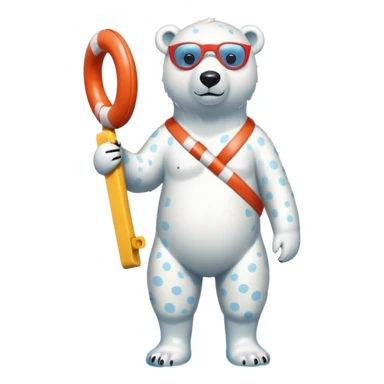 full body friendly anthropomorphised polar bear wearing polka dot swim shorts and swim goggles, standing in a puddle and holding a life buoy sticker