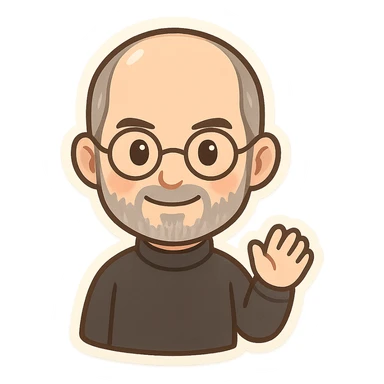cartoon style Steve Jobs with friendly expression and signature look sticker