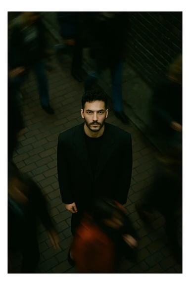 overhead shot of me standing still on a brick city sidewalk, wearing a dark oversized blazer,
motion-blurred crowd rushes past around me. Moody lighting, 35mm film look, shallow depth of field, sharp focus on me. sticker