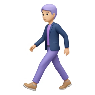 Modern premium 3D emoji icon: faceless gender-neutral person walking (mid-step), smooth rounded shapes, matte + subtle gloss, top-left studio light, soft shadow, faint motion aura (subtle curved trail) behind the body, navy outfit with lavender accent, centered, transparent background, no text sticker