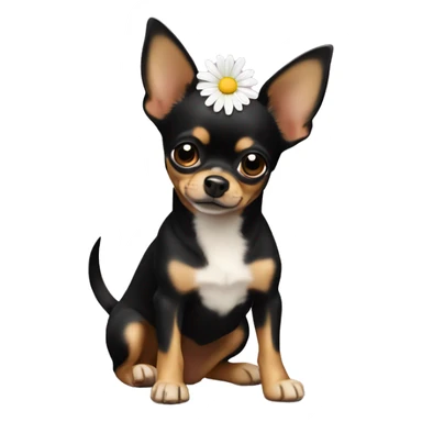black and tan chihuahua with a daisy sticker