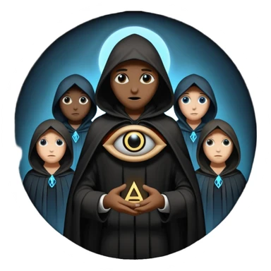 group of shadowy figures in a circle, one with an Illuminati eye symbol, secretive atmosphere sticker