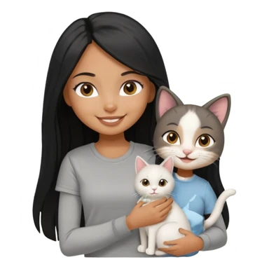 a pretty tan bratz girl with black long straight hair, wearing a grey tshirt smiling and holding a white cat\ sticker