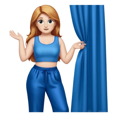 Meghan Trainor dressed in blue crop and blue silk pants holding blue curtain  sticker