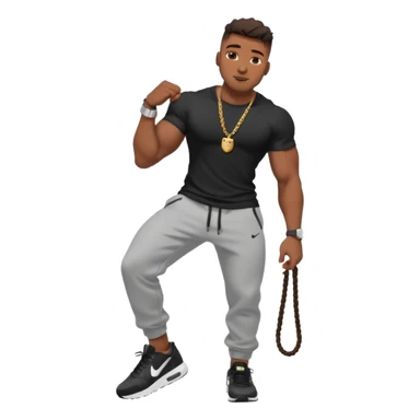 Handsome Black guy with brown skin tone, with muscular build, wearing black sweatpants, a white t-shirt, black Nike air max, a small rope chain, and a watch  sticker