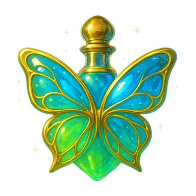 Elegant crystal butterfly-shaped bottle with golden details, floating in the air with no base or shadow, bottom smoothly and seamlessly connected, short neck suitable for Discord role icon, dominant colors light green #c0ff53 and blue similar to previous blue variant, bright fantasy style design with glowing and magical effects around, transparent background sticker