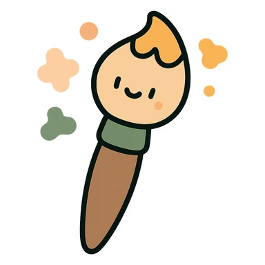 A cute and whimsical artist's paintbrush with a soft and cozy design, featuring a warm color palette: golden orange (FA9B41), deep forest green (4A7C5C), muted taupe brown (96775A), and pastel peach (FFCC9A). The brush has a delicate wooden handle in muted brown, with the bristles slightly fanned out, holding a touch of paint in shades of peach and orange. The tip of the brush is dipped in a soft golden hue, and tiny splashes of paint in the palette’s colors are gently scattered around. The overall mood is playful, artistic, and charming, evoking a sense of creativity and warmth. sticker
