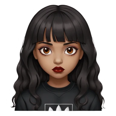 Brown girl but not too dark, super black hair, wavy hair and straight bangs, brown eyes, vampiric or gothic appearance, a little blood only on the lips, skin tone is kind of brown, she's not that tanned, Long hair, black Adidas sweatshirt  sticker