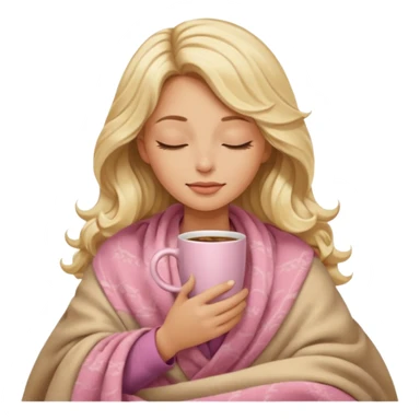 Blonde long wavy hair lady inside a beige and light pink blanket sipping coffe with eyes closed  sticker