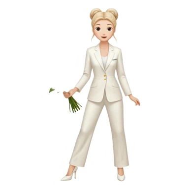 Chica blanca, traje pantalón blanco ancho, muy largo zapatos blancos tacon pelo recogido con mondongos mechones sueltos castaño ycuerpo entero ramo de flores sticker