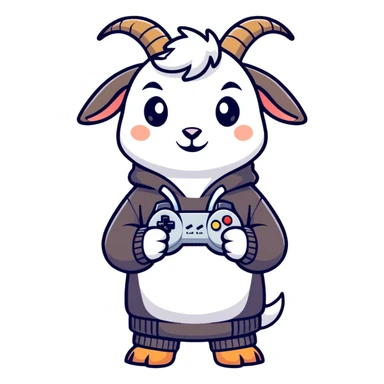 Cute goat wearing sweatshirt holding video game controller  sticker