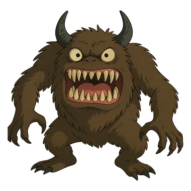 scary monster with sharp teeth and horns, ghibli-inspired style sticker
