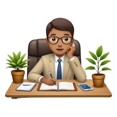 imagen de oficina con escritorio, silla, notebook, agenda y una plata con un cartel que diga FUERA DE OFICINA sticker