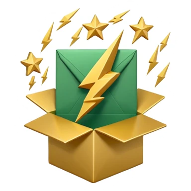 3D minimal open box with small floating icons coming out (envelope, lightning bolt, star), soft matte finish, deep green (#0B3D2C) box, gold (#C9B037) floating icons, Apple style, ultra clean and sleek, very soft ambient shadow, transparent background sticker