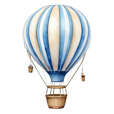"A dreamy hot air balloon with blue and white stripes, floating among soft clouds, watercolor aesthetic."
 sticker