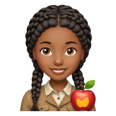 smiling black girl with black braided hair and warm brown eyes, close-up face only, very polished and attractive, Apple emoji style sticker