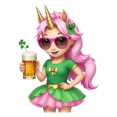 friendly anthropomorphised female unicorn with horse-like face, in tutu and pink t-shirt, wearing dark sunglasses, celebrating St. Patrick's Day sticker