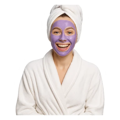 girl in a towel robe, purple clay mask, hair wrapped in towel, cheerful mood sticker