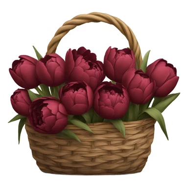 a large black basket of flowers consisting of dark red peonies in shades of burgundy and tulips in shades of red sticker