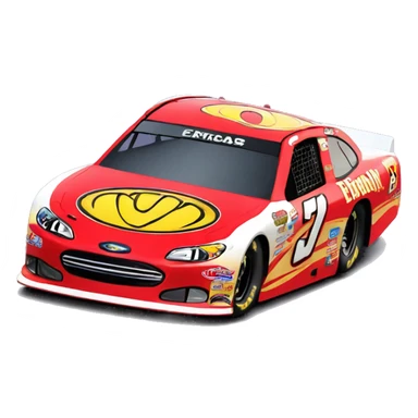 a red nascar racing car, with a lightning sticker