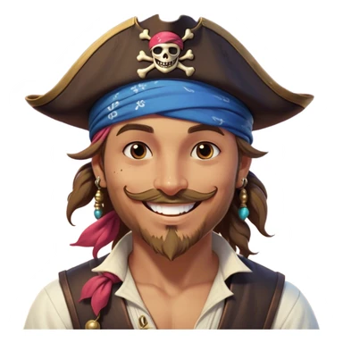 Clash of Clans aesthetic Playful Pirate Portrait Emoji, Head tilted with a roguish, cheeky grin and twinkling eyes, featuring a compact, spirited build with a jaunty hat and a quirky bandana, his natural skin tone evident, Simplified yet irresistibly charming features, highly detailed, glowing with a warm, inviting oceanic glow, high shine, spirited and lively, stylized with an air of whimsical maritime mischief, soft glowing outline, capturing the essence of a playful pirate exuding friendly rogue charm! sticker