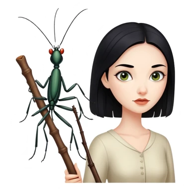 beautiful pale woman with black hair next to stick bug sticker