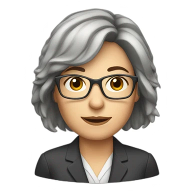 middle-aged accounting woman with brown midhair, a frindge and glasses sticker