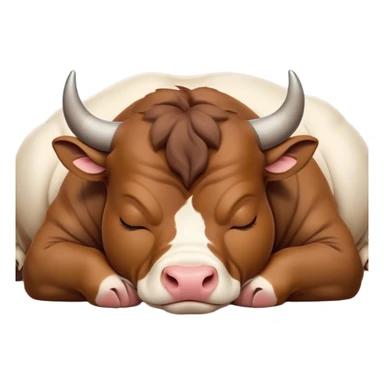 meme-worthy-cute-sleeping-domestic-bull-portrait-emoji,-head-resting-peacefully-with-a-contented-smile,-showcasing-a-robust,-muscular-build-and-a-luxuriously-soft-coat,-eyes-gently-closed-in-serene,-restful-slumber,-simplified,-solid-brown sticker