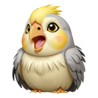 Cinematic Cute Yawning Cockatiel Portrait Emoji, Head tilted slightly with a dramatic, wide-open yawn, showcasing a soft grey fur with subtle yellow accents and gently drooping crest feathers, round dark eyes barely open in drowsy contentment, Simplified yet irresistibly adorable features, highly detailed, glowing with a soft, cozy glow, high shine, relaxed yet expressive, stylized with a touch of whimsy, bright and endearing, soft glowing outline, capturing the essence of a sleepy yet affectionate cockatiel, so drowsy it feels like it could stretch out of the screen and curl up for a nap! sticker
