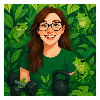 Irish woman with green eyes, brown hair, and glasses, smiling among plants and frogs, with weight training equipment nearby, modern digital art style sticker