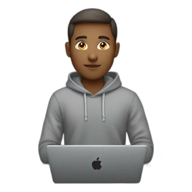A white software developer in a gray hoodie in front of an apple laptop sticker