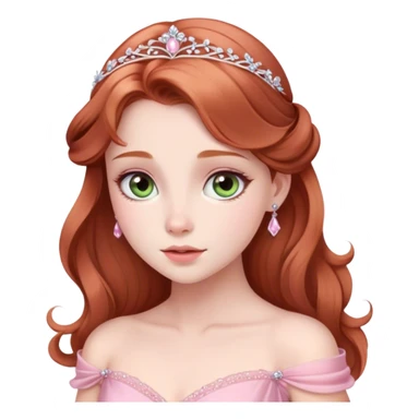Cinematic Elegant Sleeping Beauty Portrait Emoji, rendered in a realistic, vector-style with minimal shading and bold, simplified shapes. Depict Aurora (Sleeping Beauty) (chest and above) with delicate porcelain skin, soft auburn hair styled gracefully, and gentle, dreamy eyes, dressed in her classic pink gown. The image glows with a soft, enchanting radiance and high shine, capturing timeless regal beauty. sticker