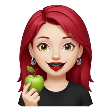apple style emoji of a fair-skinned girl with cherry red hair, black t-shirt, black lipstick, septum and ear piercings sticker