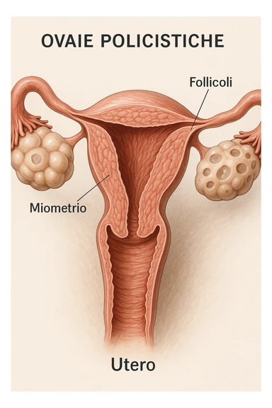 Illustrazione 3D medica realistica: ovaie policistiche con follicoli multipli, utero in sezione, dettagli clinici, colori realistici, didascalie in italiano, aspect ratio 2:3. sticker
