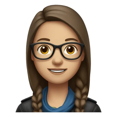 Slavic girl with long straight brown hair, fair skin, dark brown eyes, smile, black glasses, wearing a blue scarf around her neck and a leather jacket. sticker