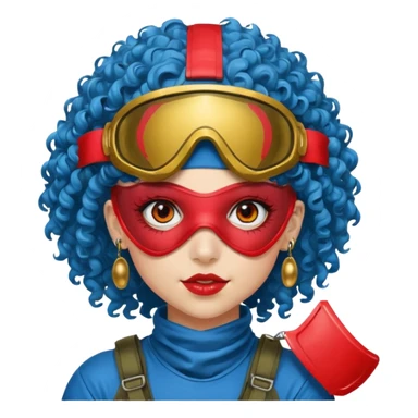blue curly haired paintball playergirl with huge earrings, wearing red paintball eye mask helmet sticker