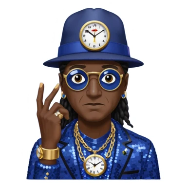 Flavor Flav with dark brown hair, indigo sequin outfit, black hat sticker