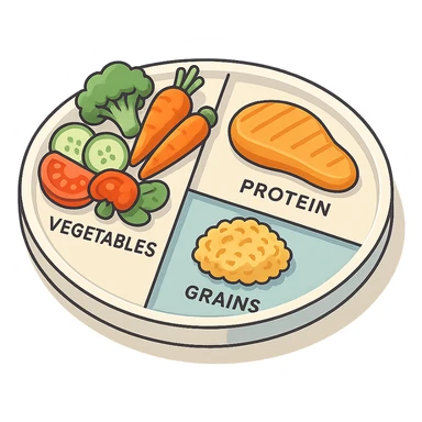 Harvard plate, isometric view, half plate vegetables, quarter proteins, quarter complex carbohydrates, foods arranged in sectors, very detailed drawing, shadows and highlights, clean contours, soft lighting, transparent background sticker