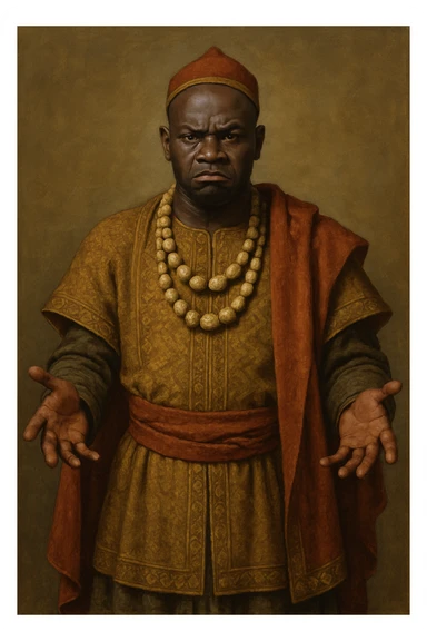 Сгенерируй мне афроамериканца в национальном африканском СРЕДНЕВЕКОВОМ костюме, с бусами лысого,  . Строго в анфас. Его лицо чуточку недовольно, а руками он размахивает и разводит в сторону. На однородном фоне. В стиле реалистичной живописи. Он полностью помещается в экран и не обрезается краями изображения sticker