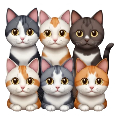5 different coloured short haired cats including; a dark brown and white cat, and a dark grey and white, and a calico sticker