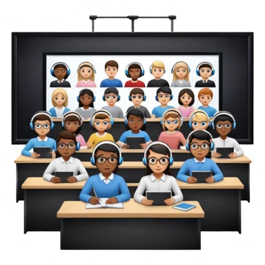 Birdseye view of large study space with students working separately add students wearing Vision Pro headsetd sticker