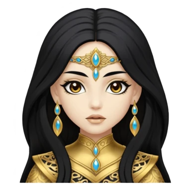 Akasha with white skin, brown eyes, black long hair, gold outfit sticker