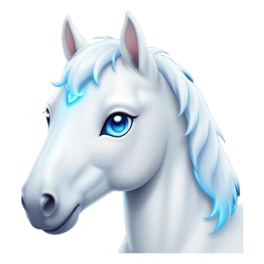Cinematic Cute White Horse Portrait Emoji, Head tilted playfully and inquisitively, showcasing a glossy white fur with a luminous sheen and gentle, expressive blue eyes, Simplified yet irresistibly adorable features, highly detailed, glowing with a warm, friendly glow, high shine, affectionate and spirited, stylized with a touch of whimsy, bright and endearing, soft glowing outline, capturing the essence of a mischievous yet loving horse, so playful it feels like it could prance out of the screen and into your arms! sticker