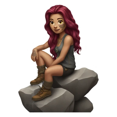 Beautiful tattooed woman long burgundy hair climbing rocks sticker