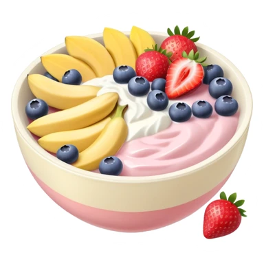 Pastel colore bowl with cut strawberries, cut bananas, cut mangos and blueberries with light pink yogurt  sticker